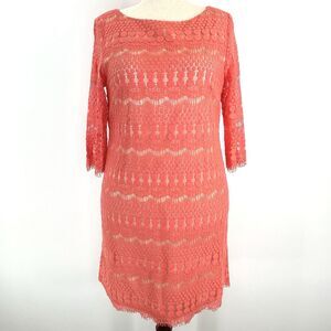 Jessica Howard Dress 16 Coral Midi Shift Lace Preppy Boho 3/4 Sleeve Career Work